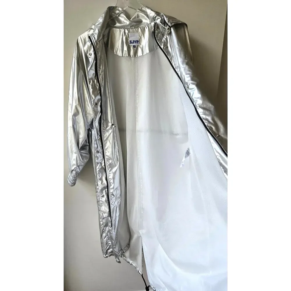 SJYP Silver Long Metallic Raincoat Hooded Womens Size Medium Korean Brand Edgy